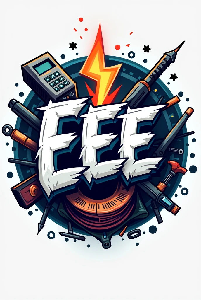 A Logo with calligraphy EEE letters, thundering effect, screw driver, testers, chords and leads, rounded Emblem, copper coils, power supply