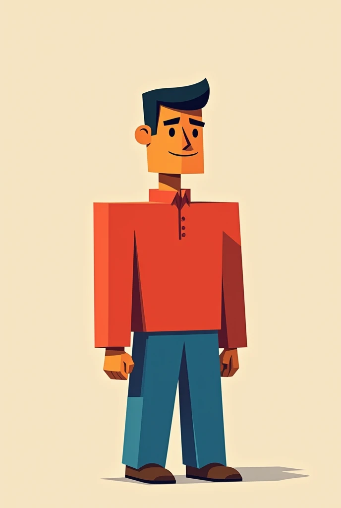 Short Latino man with body made of 2d squares dressed in red shirt and blue pants