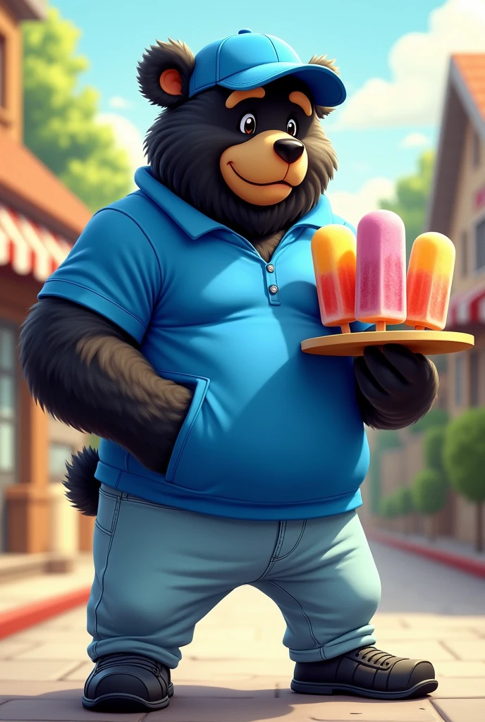 Black Frontino Bear wearing a blue sports shirt, jeans, black shoes and blue cap that delivers popsicles