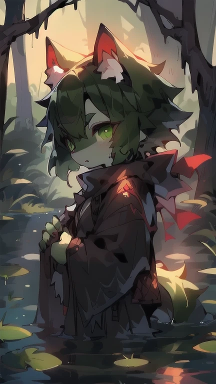 A little wolf,Red pupil,Dark green hair,Black shawl,Positive appearance,whole body,swamp