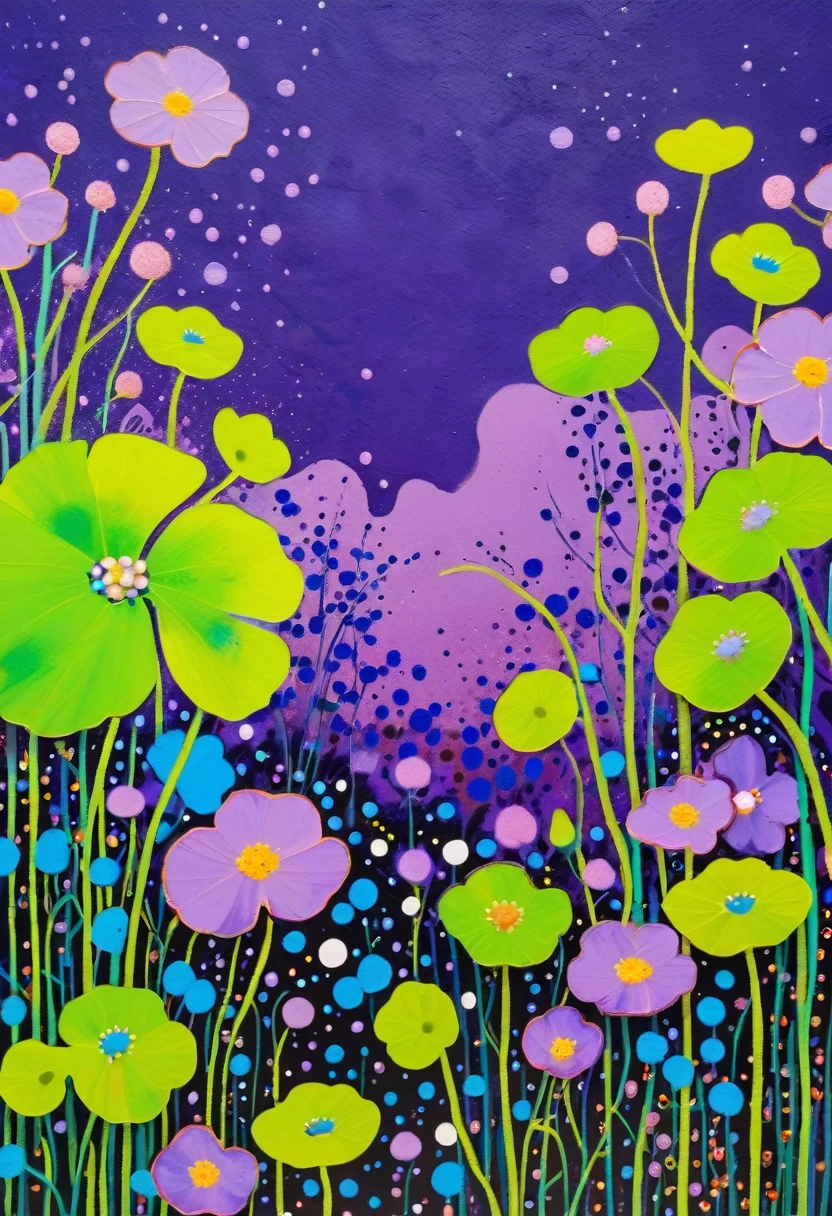 A painting,Inspired by Yayoi Kusama:(((Colorful black,Chalk painting,Oil stick painting,Volume,Thick coating,Uneven texture,Plaster texture,Graffiti,Dot)))。Colorful black,(((Dichondra micrantha Urban))), Cloisonné enamel,Cloisonne,Bright colors, Purple和, cute的, Bright colors,cute, Lavender Color and Color Schemes, 和Purple的配色方案, Beautiful Art, Purple, Whimsical Art, 和Purple色调, Lime and Violet, Close together,, spring, Inspired by Tomokazu Matsuyama, Delightful