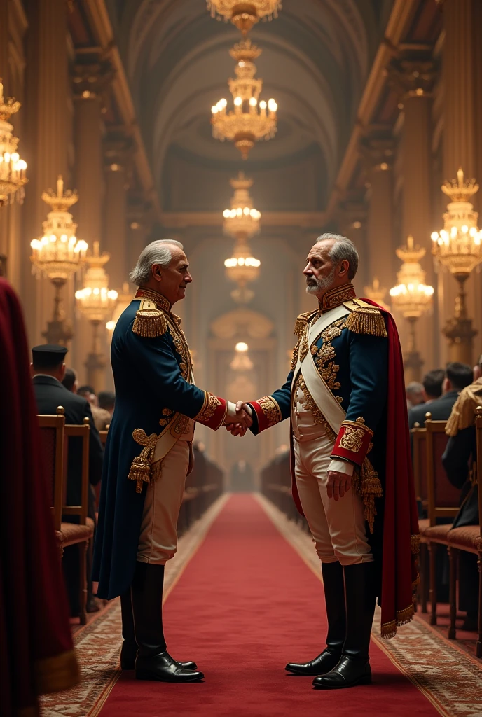 large banquet hall,general wellington,handshake,Napoleon,17th century British general uniform