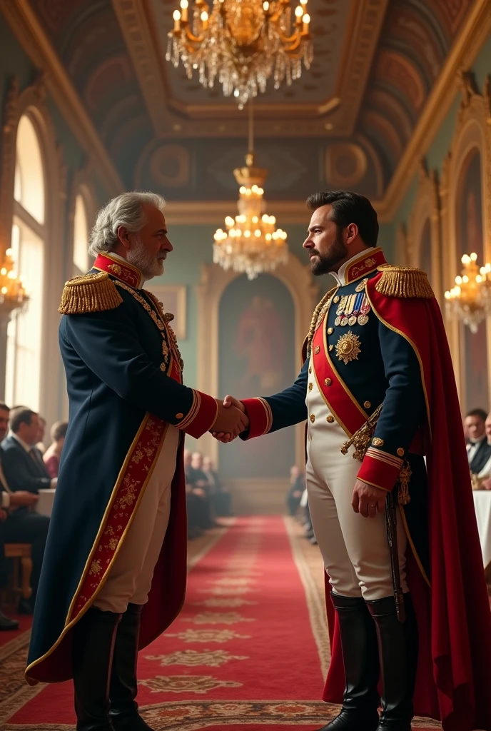 large banquet hall,general wellington,handshake,Napoleon,17th century British general uniform