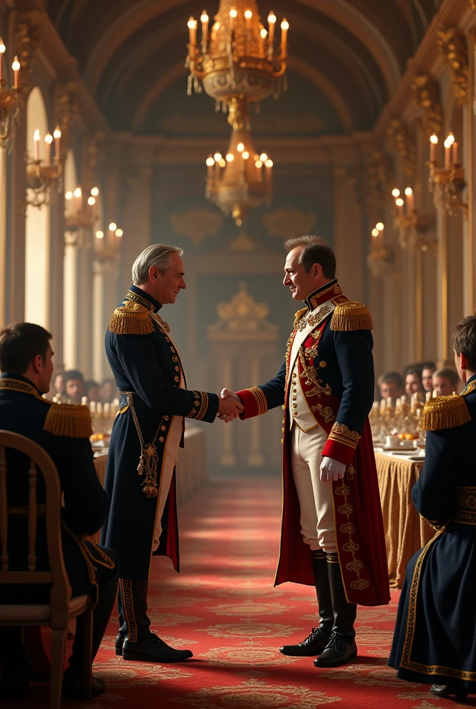 large banquet hall,general wellington,handshake,Napoleon,17th century British general uniform