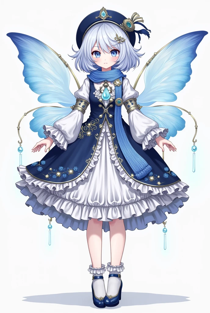 Furninna has beautiful silver hair，Wearing a classic dress，The overall design is complicated，Rich in details。Her hairstyle changes，Sometimes it&#39;s a light and flowing jellyfish head，Sometimes it is a playful and cute short hair，Hair color is mainly white，Mixed with some gradient light blue，Like fluffy cream with syrup（Genshin Impact），Her clothes are elegantly designed，Wear a suit dress，Added shoulder pads，Make the aura stronger。Dress with rich layers，The hem is shaped like petals or wings，The luminous ribbon is combined with a bow with a water drop device hanging on the back waist.。Her outfit is elegant and generous，Full of aristocratic temperament，Fernina&#39;s eyes are very unique，The left eye is a deep sapphire color，The right eye is clear ocean blue，This combination of heterochromatic eyes makes her look mysterious and charming。Her left eye is covered by her bangs，Gives people a cool feeling，Fernina&#39;s hat is decorated with patterns、Gold Jewellery、Water drops and ribbons，Scarf with slight gradient and sequins on the chest，The cuffs and bottom cuffs are also floral designs。She wore ruffled socks and patent leather high heels on her legs.。