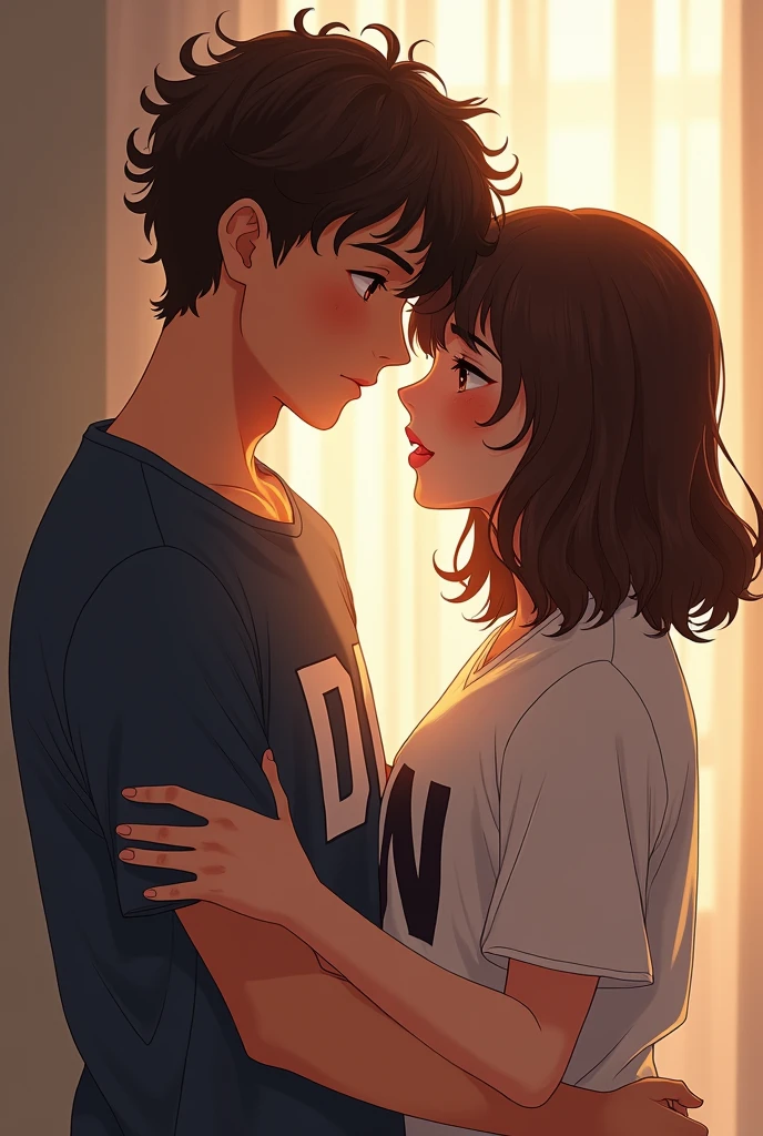 a couple of boyfriends and on the man's shirt there is the letter d that I have brown eyes and have curly but short hair, and the woman has the letter N on her shirt, shoulder-length, semi-curly hair