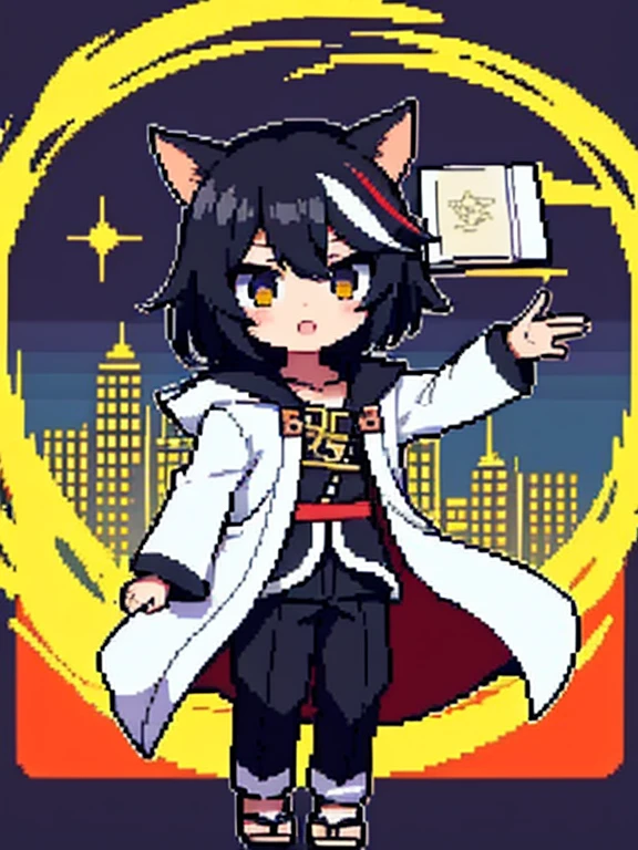 Anime figure of a boy with cat ears, demon slayer rui fanart, chibi!!! Kitten, Anime Boy, black-haired wizard with white streaks and black open magic book with decorations in one hand, Anime-Chibi, anime Kitten, Mihoyo art style, black and white clothes, Several magical circles in different colors fly around the boy, background destroyed city!!!!!, white jacket with black stripes