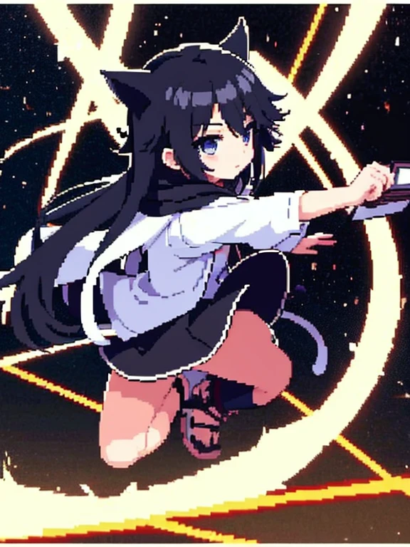 Anime figure of a boy with cat ears, demon slayer rui fanart, chibi!!! Kitten, Anime Boy, black-haired wizard with white streaks and black open magic book with decorations in one hand, Anime-Chibi, anime Kitten, Mihoyo art style, black and white clothes, Several magical circles in different colors fly around the boy, background destroyed city!!!!!, white jacket with black stripes
