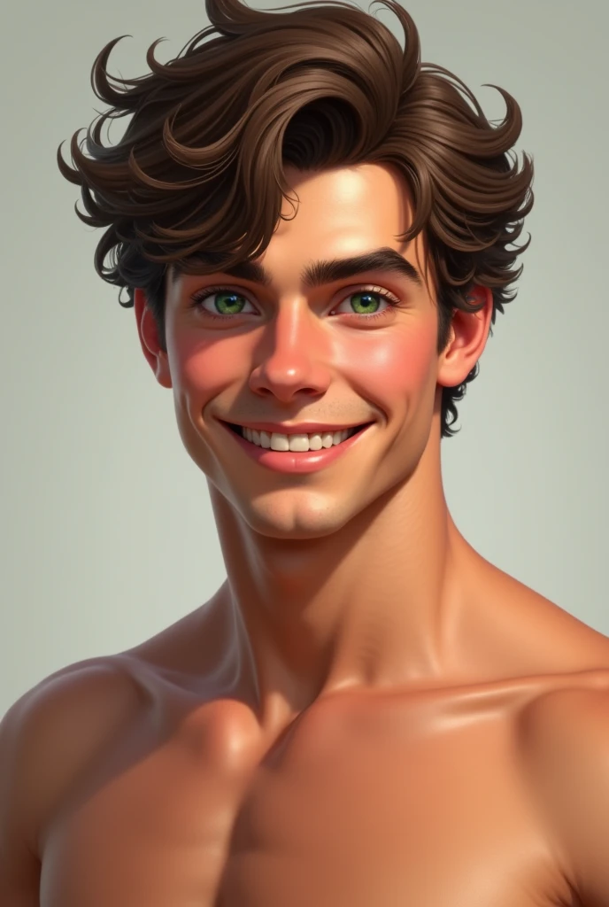 Make an 18 year old man, green-eyed brunette, by the wide, Muscular and with a nice smile