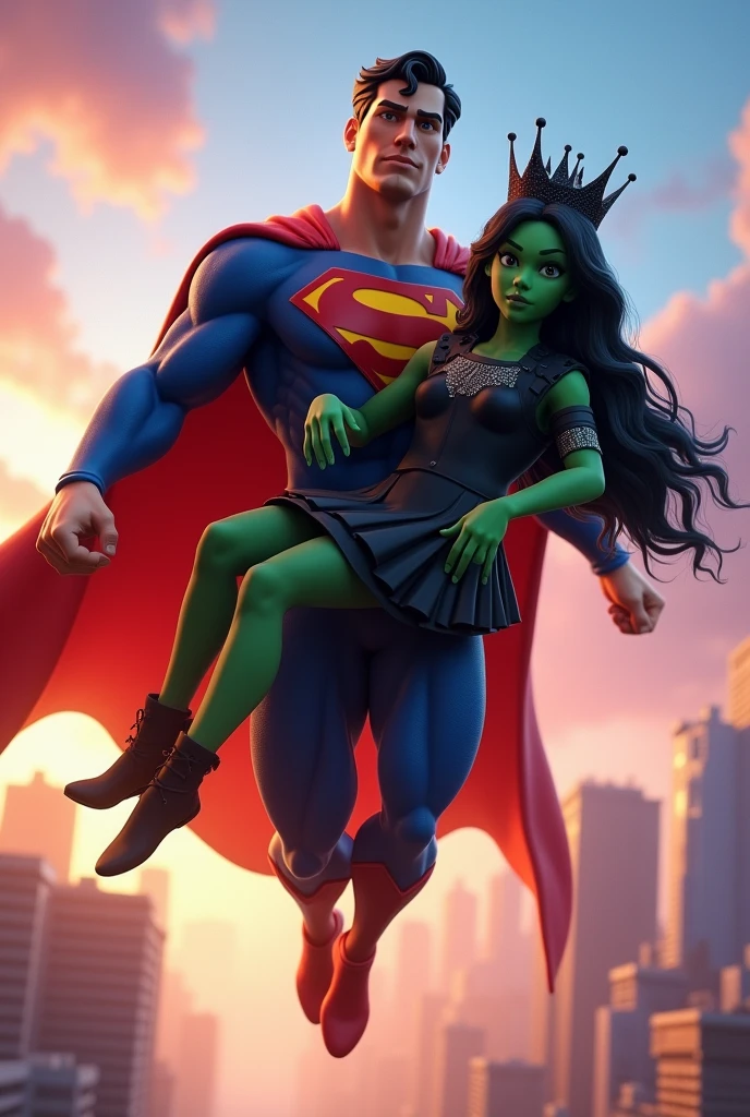 Un superman dans les airs qui porte une fille avec la peau verte les cheveux noires et une tenue noire avec une couronne noire sur la tête dans le style de fortnite