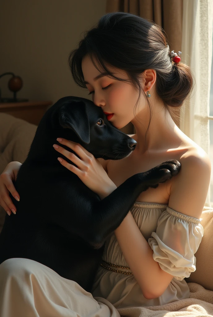 A Asian woman with a black dog kissing its it's paws