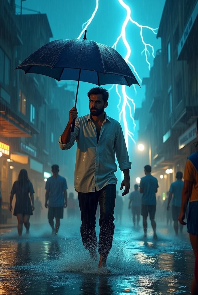 In Pondicherry city full of heavy rain a person with white shirt and black pank with an dark blue umbrella and dark hair and beard he helping others during flood dramatic thunder lightning in night
