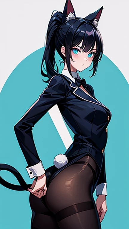 Best quality,32K,ponytail,Black Hair,Cat ear,Cyan eyes,Cat Tail,woman,anime,slender,Bunny suits,tailcoat,black pantyhose,high heel 