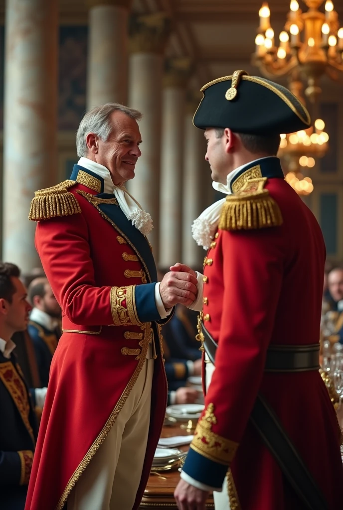 17th century British general uniform,large banquet hall,handshake,Napoleon,general wellington