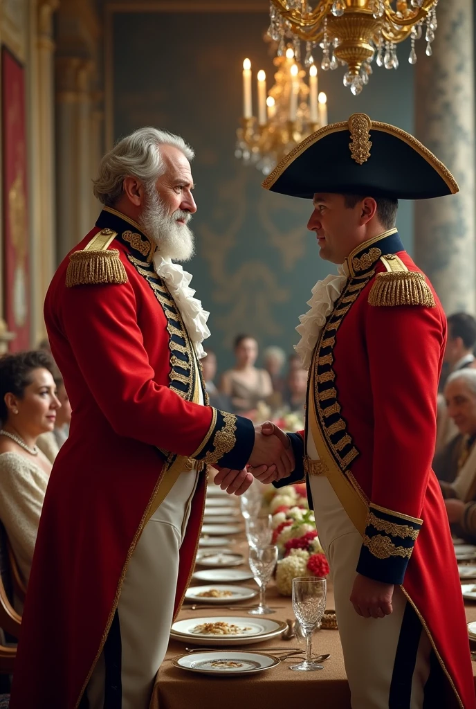 17th century British general uniform,large banquet hall,handshake,Napoleon,general wellington