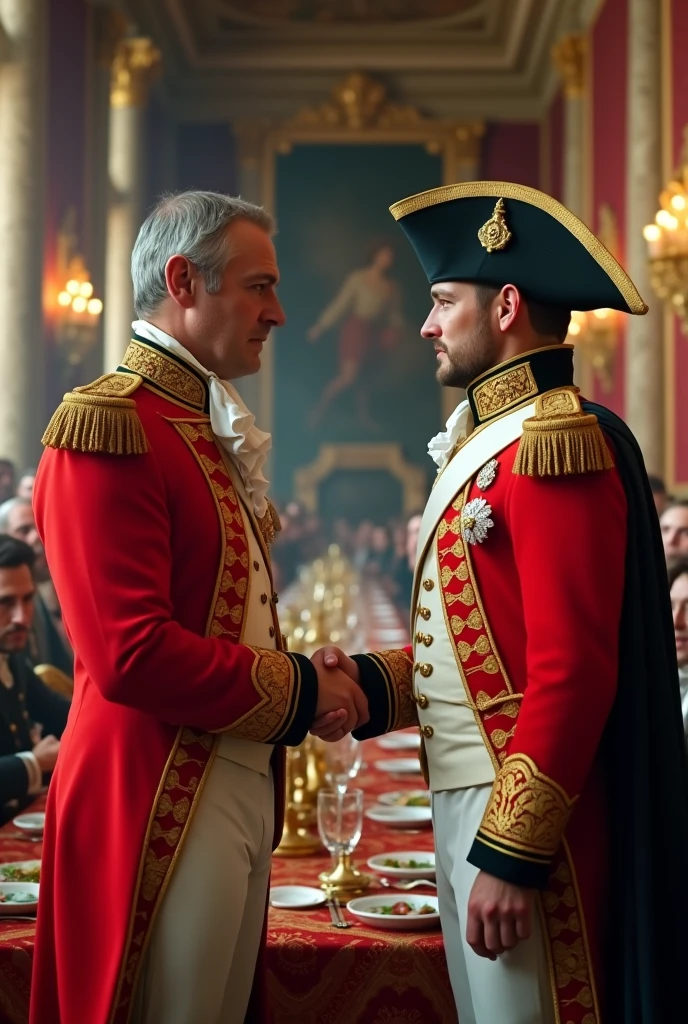 17th century British general uniform,large banquet hall,handshake,Napoleon,general wellington