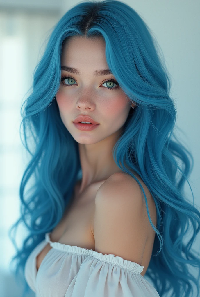 20 years old young girl with blue and white hair , long flowing blue hair, very long wavy azure blue hair, long blue hair, beautiful woman with blue hair, flowing blue hair, beautiful blue haired girl, pretty girl with blue hair, long azure blue hair, blue long hair, very long blue hair, girl with blue hair, blue hairstyle,, tall, beautiful, athletic figure, medium round breasts , green eyes,(best quality, 4k, 8k, high definition), ultra detail, detailed face and facial features, beautiful detailed eyes, beautiful detailed lips, extremely detailed eyes and face, long eyelashes, graceful triangular face, classic lip shape, small graceful nose,the hair is gathered in a tail, the face is clearly visible, super realistic photo, portrait