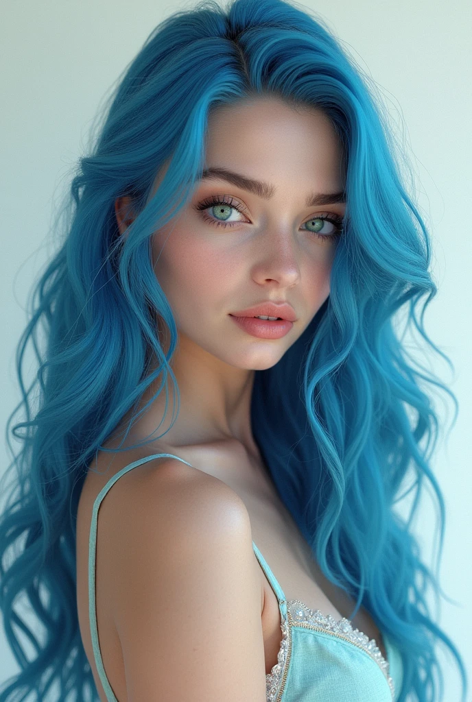 20 years old young girl with blue and white hair , long flowing blue hair, very long wavy azure blue hair, long blue hair, beautiful woman with blue hair, flowing blue hair, beautiful blue haired girl, pretty girl with blue hair, long azure blue hair, blue long hair, very long blue hair, girl with blue hair, blue hairstyle,, tall, beautiful, athletic figure, medium round breasts , green eyes,(best quality, 4k, 8k, high definition), ultra detail, detailed face and facial features, beautiful detailed eyes, beautiful detailed lips, extremely detailed eyes and face, long eyelashes, graceful triangular face, classic lip shape, small graceful nose,the hair is gathered in a tail, the face is clearly visible, super realistic photo, portrait