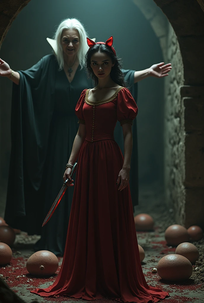 Snow White killing the seven dwarfs with the help of her evil stepmother