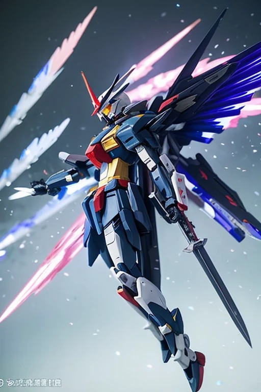 Gundam-like,Spread particles all over,Wings on the back,Sword Weapon,Spread your arms,Float in the air with your feet together