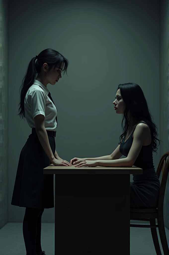 A black-haired policewoman in a police uniform interrogating a black-haired, thick-lipped woman in an interrogation room, that the policewoman is resting her hands on the table and the other woman is sitting on a chair in front of the policewoman