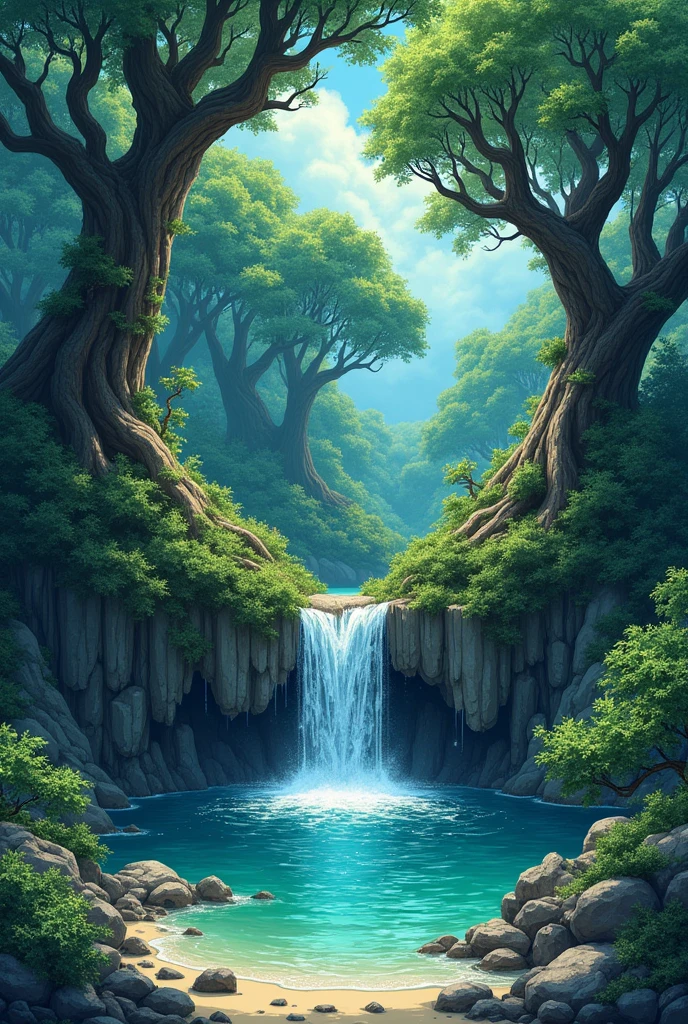 manga artwork set on a small island with a small waterfall in an old forest anime style with rocks and trees and mossy rotten oak trees, small waterfall,