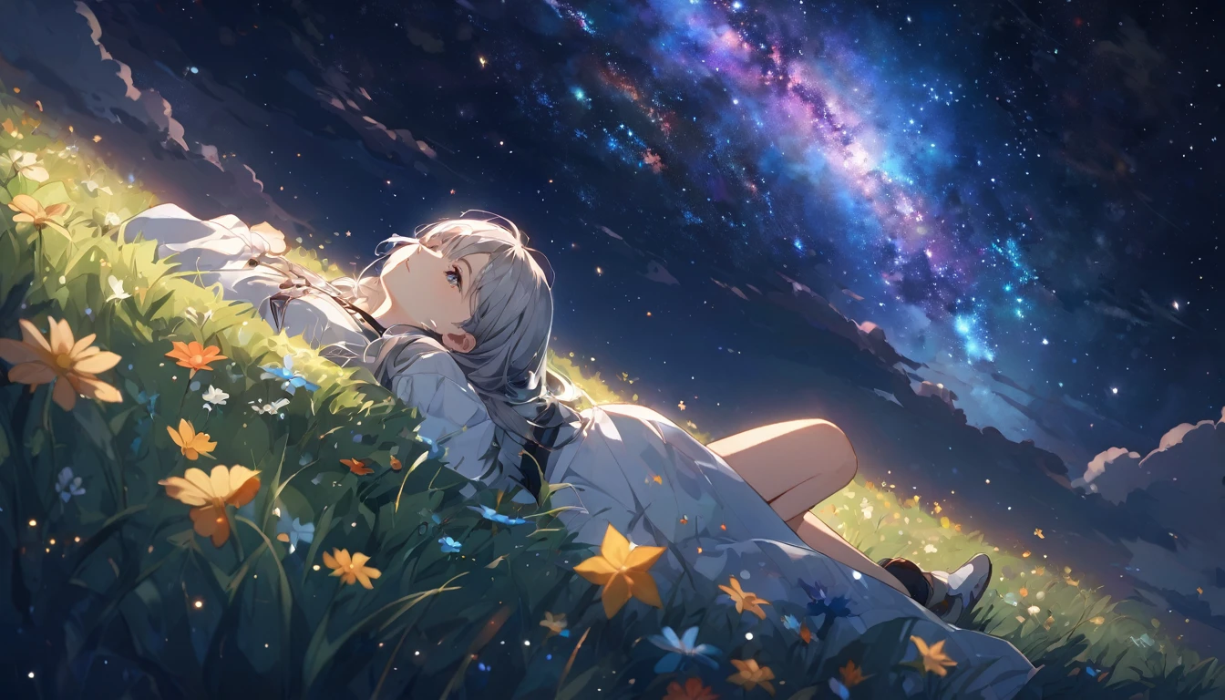 is lying on the grass, Gray Hair,Look up at the starry sky. Colorful nebulae