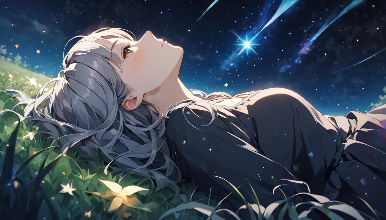 is lying on the grass, Gray Hair,Look up at the starry sky. Colorful nebulae