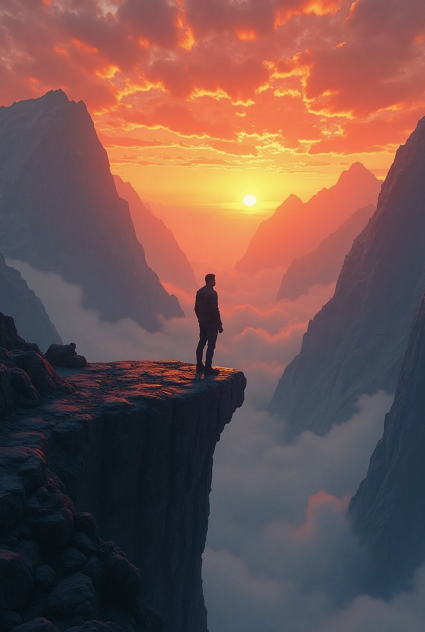 A lone figure standing on the edge of a rugged mountain cliff at sunrise, with the sky ablaze in warm colors. The figure is strong and determined, gazing out at a vast, challenging landscape filled with steep peaks and deep valleys. Behind them, shadows of past struggles loom, but they are overshadowed by the bright light of the rising sun, symbolizing resilience, inner fire, and an unyielding to overcome all obstacles