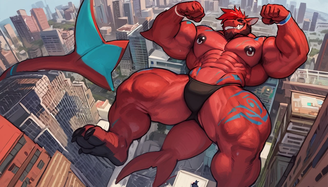 bright red colored bara shark, white countershade, red skin, large plump hairy pecs, strong physique, tribal tattoos, scarlet samurai hair in ponytail, cyan colored eyes, black sclera, very muscular, perfect anatomy, scars on body,nipple piercings, solo, masterpiece beard, strong jaw, thick thighs, giant biceps, muscular, smirking, smug expression, shark tail, macro, tall, incredibly huge, insane height, height difference, in tiny city,  flexing arms, bird's eye shot, from above perspective, perfect perspective,  wearing thong, grin, amazing shading, full body, detailed hands, detailed eyes, detailed face, detailed arms,anthro, muscular, abs, (detailed:1.5), male, detailed background, by ZomaCaius, by meesh, by sligarthetiger by zackary911, by nightterror