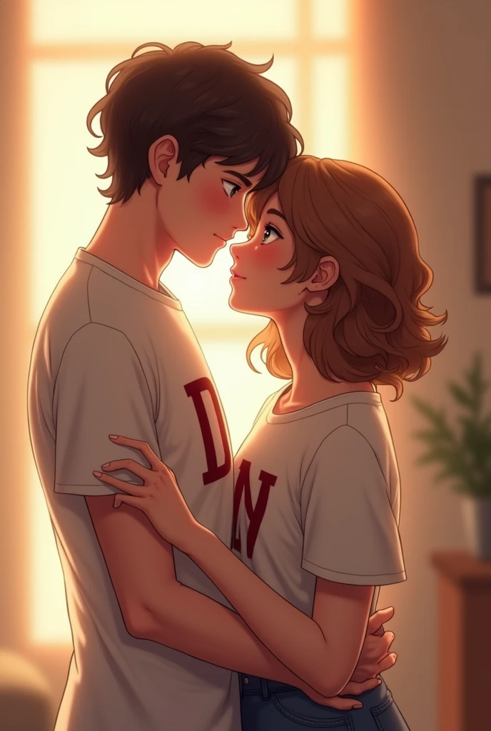 a couple of boyfriends and on the man&#39;s shirt there is the letter d that I have brown eyes and have curly but short hair, and the woman has the letter N on her shirt, shoulder-length, semi-curly hair 