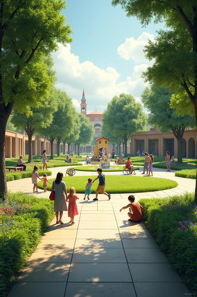 A square with lots of green space, a space for children to have fun and to be a meeting place for people to evangelize their faith