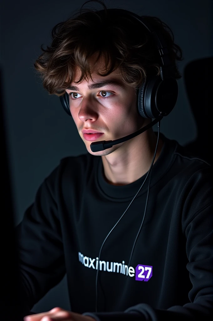 I want a gamer boy with headphones, brown or dark hair in the middle of the sweater that is all black and says maximumnine27 with a twitch logo