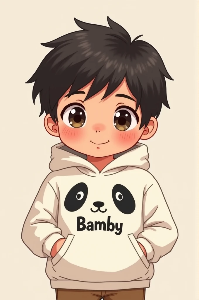 cute indian anime boy wearing white panda hoodie written bamby on hoodie