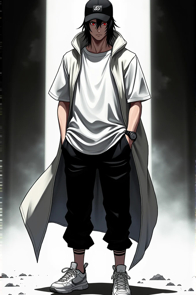 Itachi uchiha from naruto shippuden, wearing a white full sleeve t shirt, black pant, white snikers,black cap,watch. His sharing must be red colour and clear. His background is black and white.