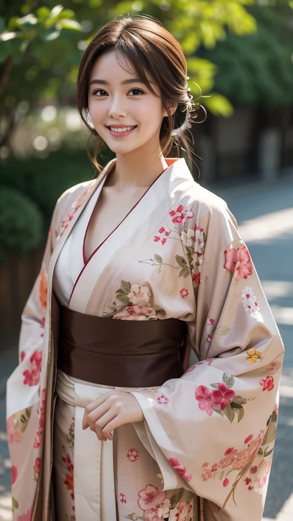 One person, High resolution, Shortcuts, Brown Hair, chest, smile, kimono,