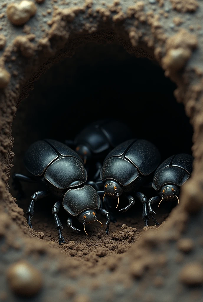 A beetles Sad with cow dung in their hole