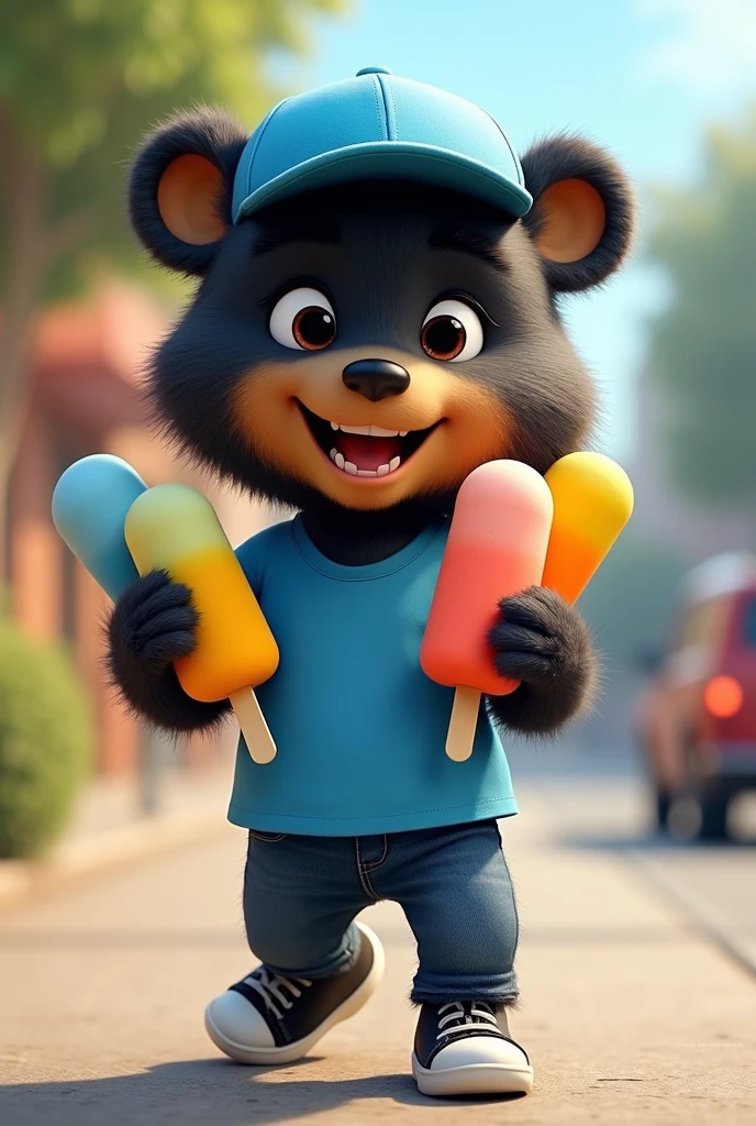 Black Frontino Bear wearing a blue sports shirt, jeans, black shoes and blue cap that delivers popsicles