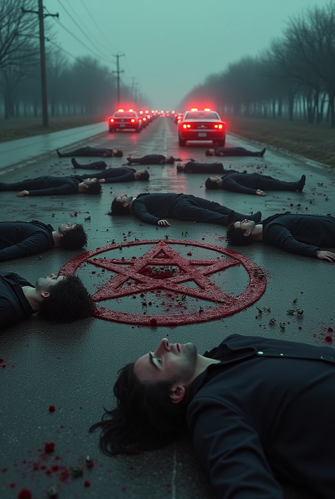 a road with a line of police cars lined up horizontally in the background and a pentagram mark drawn on the ground. Around this symbol, There are several bodies on the floor with blood and flies around them