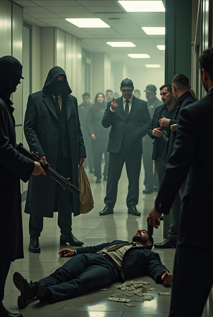 3 mafia robbery a bank kill a security guard one mafia take money in the bag one mafia aiming citizens