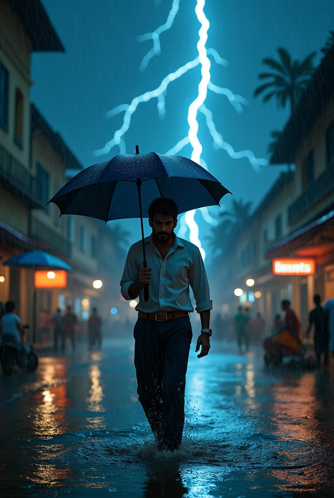 In Pondicherry city full of heavy rain a person with white shirt and black pank with an dark blue umbrella and dark hair and beard he helping others during flood  dramatic thunder lightning in night