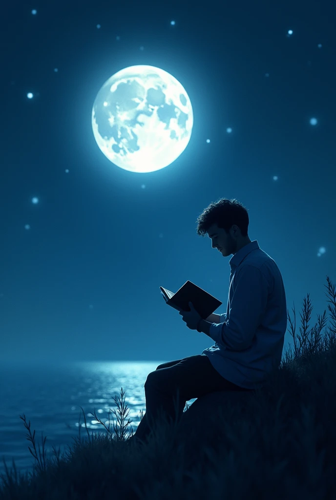 A man who read book under the moon sky.
man face not to be clear