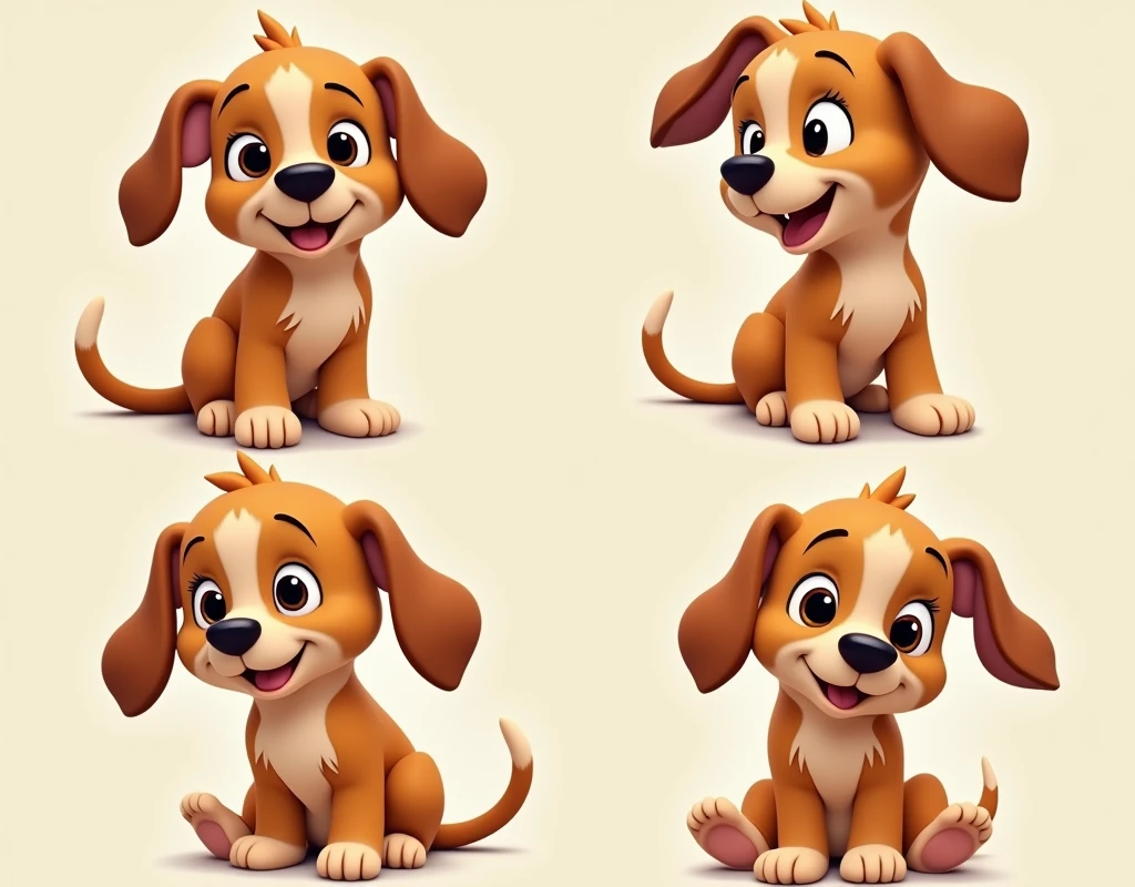 Assemble 4 photos of a Disney animation-style puppy with each photo with him showing different feelings