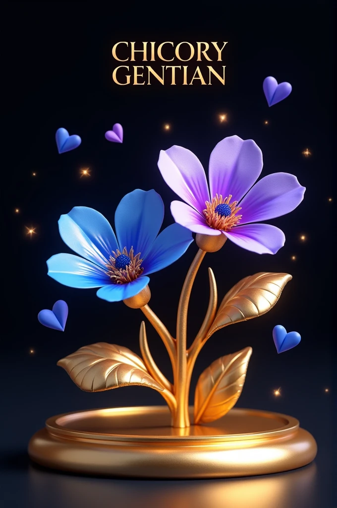 A stunning and exquisite high-quality 3D rendering that captivating, hyper-realistic blue chicory flower and a violet gentian flower, infused with golden hues and adorned with golden leaves that shimmer and catch the light. The flowers perched gracefully on a gold base, Above the flowers  a name floats "CHICORY GENTIAN" in elegant  gold CAPITAL letters. small, vibrant blue and violet hearts add a touch of contrast against the soft gradient black background. The masterful blend of 3D rendering and illustration elements creates an enchanting, refined, and visually stunning scene that evokes emotions and celebrates love and luxury.