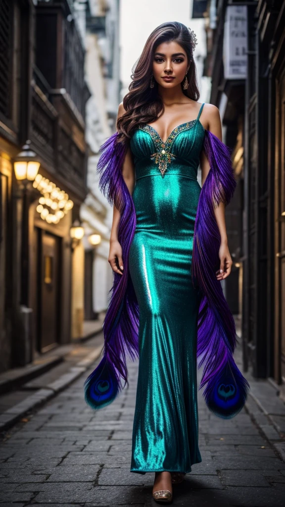 Highly detailed photorealistic of beautiful Caucasian Korean Gorgeous female, graceful walking movement in the street alley city night, wearing a glossy holographic greenish purple peacock feathers gown, intricate embroidery peacock feathers, high-quality, detailed extremely chubby gigantic breasted, realistic, elegant, vibrant colors, glamorous lighting, detailed facial features, professional makeup, luxurious, exotic, peacock feathers, elegant hairstyle, stunning makeup, beauty shot, ethereal, glowing, mystical, enchanting, mysterious, luxury style setting, vibrant colors, atmospheric lighting, bokeh, backlite