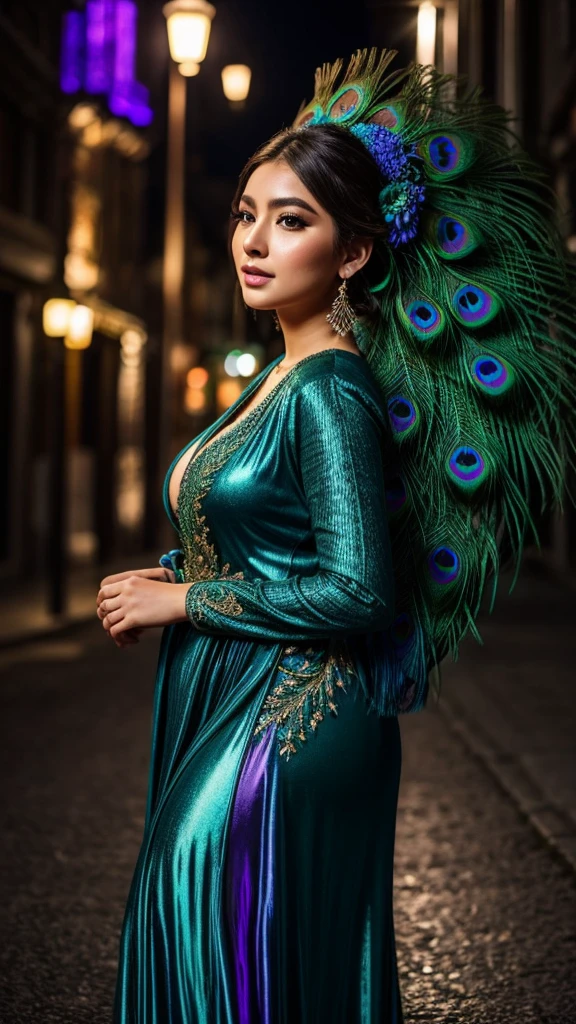 Highly detailed photorealistic of beautiful Caucasian Korean Gorgeous female, graceful walking movement in the street alley city night, wearing a glossy holographic greenish purple peacock feathers gown, intricate embroidery peacock feathers, high-quality, detailed extremely chubby gigantic breasted, realistic, elegant, vibrant colors, glamorous lighting, detailed facial features, professional makeup, luxurious, exotic, peacock feathers, elegant hairstyle, stunning makeup, beauty shot, ethereal, glowing, mystical, enchanting, mysterious, luxury style setting, vibrant colors, atmospheric lighting, bokeh, backlite