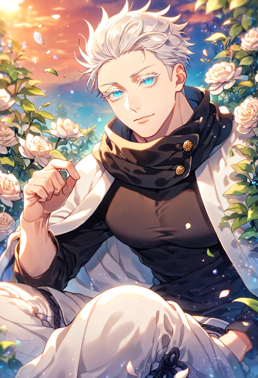 Ultra detailed, HDR, Highres, absurdres, masterpiece, solo focus, Gojou Satoru, white hair with bangs, slicked back hair, white eyelashes, colored eyelashes, expressive blue eyes, black scarf, black tight shirt, white haori, white baggy pants, Jujutsu Kaisen, sexy man, handsome, beautiful sunset, flowers, petals, green leaves, summer, handsome, sensual, best quality, glittering, solo, manly man