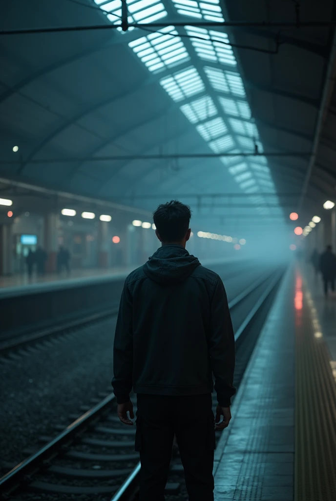 A man with his back turned with a computer in the middle of a gloomy train line