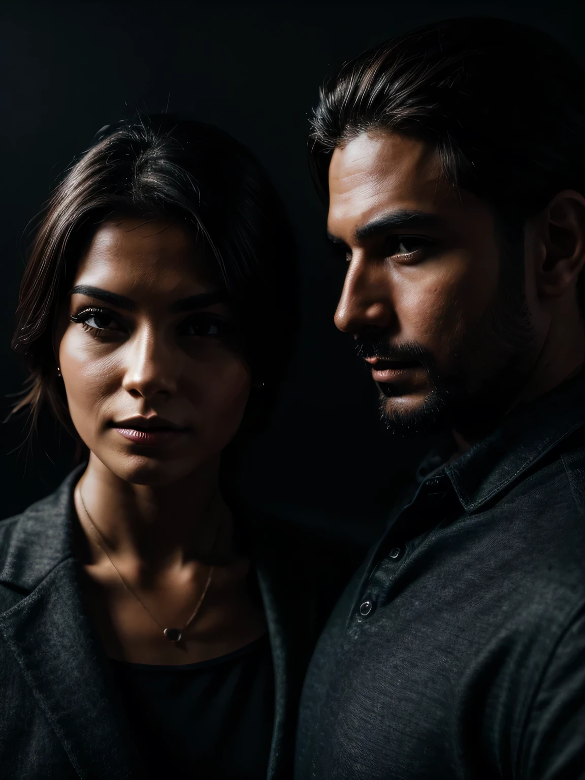 man and woman lying face to face, camera from above, dark sensual image, portrait style