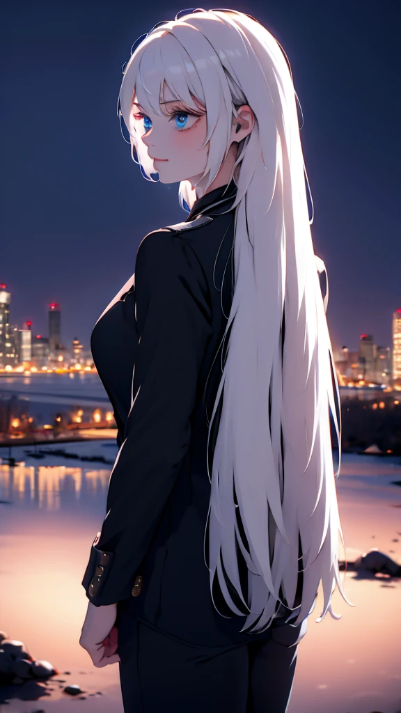 1 girl, medium light white hair, light blue eyes, wearing black suit , night city, absurdres , high res, ultrasharp, 8K, masterpiece, looking from behind